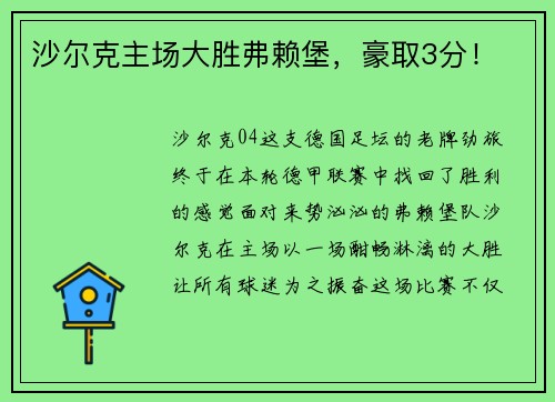 沙尔克主场大胜弗赖堡，豪取3分！